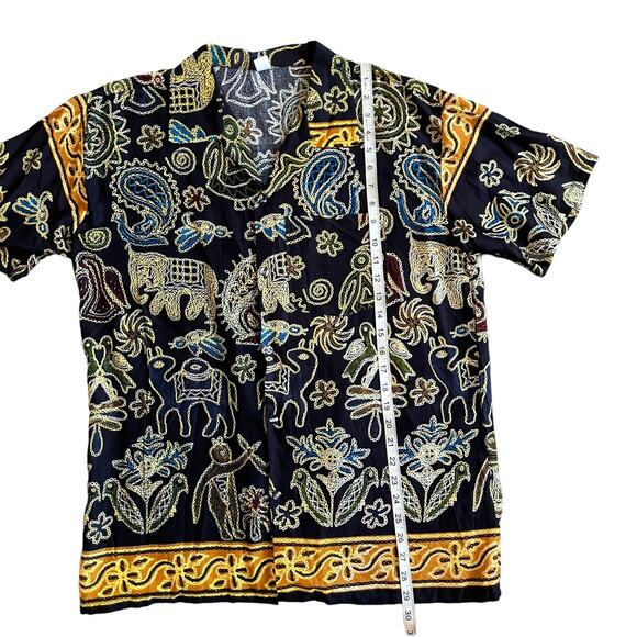 Vintage Men's L Ethnic Rayon Short Sleeve Hawaiian Shirt Mix Print Black Multi - Picture 7 of 15